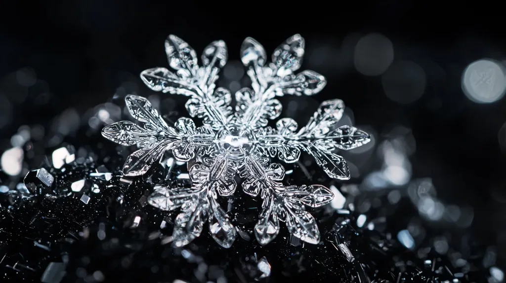 A detailed close-up reveals a single, intricately patterned snowflake resting on a bed of dark, glittering particles. The snowflake's crystalline structure is sharply defined, showcasing its delicate, six-pointed symmetry and the brilliance of the ice crystals. The background is blurred, with out-of-focus lights creating a bokeh effect that enhances the snowflake's central focus. The overall image is dark and dramatic, highlighting the snowflake's beauty.