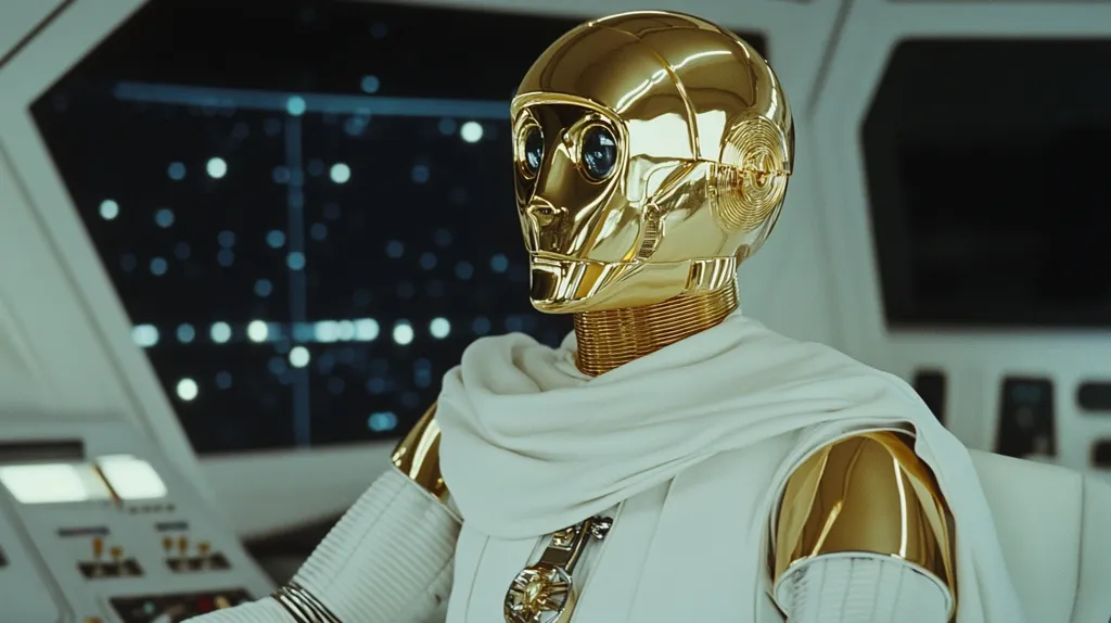 Here's a description of the image:

Close-up view of a gold robot, seemingly from a science fiction setting.  The robot's head is polished gold, with large, dark eyes.  It wears a flowing white garment draped around its shoulders and neck.  The robot's arms are partially visible, also gold, with white accents near the joints. The background features a futuristic control panel with a dark screen displaying a field of indistinct lights. The overall aesthetic is sleek and polished, suggesting a high-tech, possibly aristocratic, context.