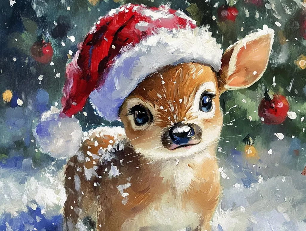 Here's a description of the image:

A charming painting depicts a fawn, adorably wearing a Santa hat, amidst a snowy Christmas scene.  The fawn's large, expressive eyes and delicate features are highlighted by the artist's use of light and shadow.  Snowflakes gently fall around it, adding to the festive atmosphere. The background showcases a partially visible Christmas tree adorned with red ornaments, creating a warm, inviting holiday ambiance. The style is painterly, with visible brushstrokes contributing to the artwork's texture and charm.