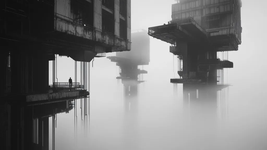 A black and white image depicts two imposing, futuristic structures shrouded in thick fog.  A lone figure stands on a platform extending from one of the buildings, silhouetted against the mist.  The structures appear derelict or abandoned, their intricate, layered designs partially obscured by the dense fog, creating a sense of mystery and isolation. The overall mood is bleak yet intriguing, suggestive of a post-apocalyptic or dystopian setting.