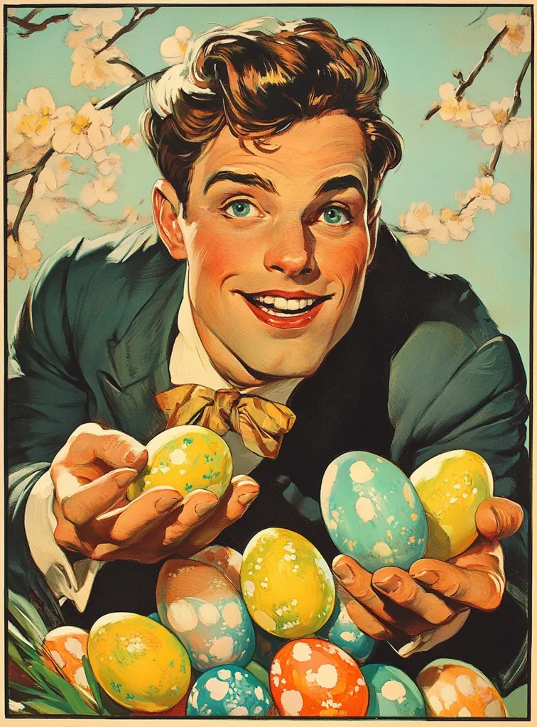 A retro-style illustration depicts a handsome man with slicked-back hair and a bow tie, beaming at the viewer.  He's cradling a basket brimming with vibrantly colored Easter eggs, some speckled, others solid hues of yellow, blue, and orange.  The background features blossoming branches, suggesting spring.  The artwork's style is reminiscent of mid-20th-century advertising or vintage postcards, conveying a cheerful, celebratory Easter mood.