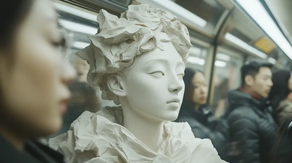 A close-up view focuses on a detailed, off-white bust sculpture of a woman with an elaborate, textured hairstyle. The sculpture is positioned in the foreground, subtly blurred in parts, as if observed from a moving train. In the out-of-focus background, passengers are visible on a subway car, their faces indistinct but conveying a sense of movement and urban life. The contrast between the still, artistic sculpture and the dynamic background creates a juxtaposition of tranquility and motion.