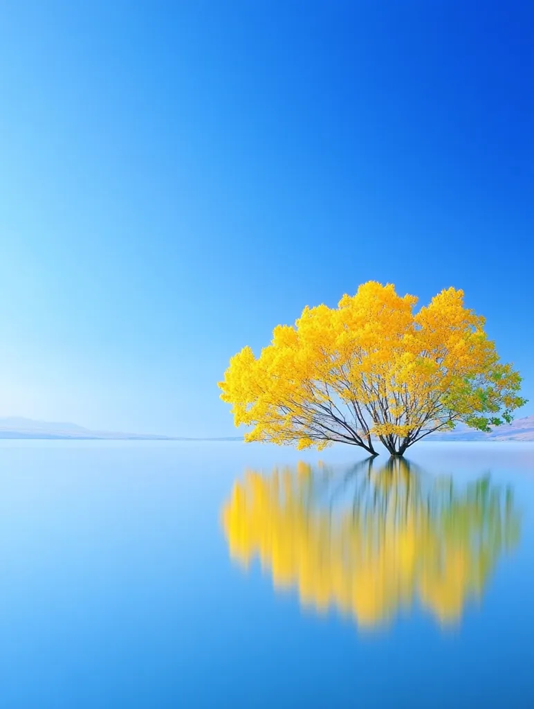 A vibrant yellow tree stands in serene, still water, its reflection mirroring perfectly in the calm surface.  The clear blue sky above enhances the tranquil scene.  The water is a pale blue, almost blending with the sky on the horizon.  A minimalist landscape of striking color contrast and peaceful beauty.