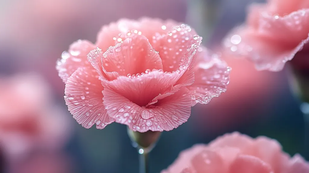 Close-up view of a delicate, light pink flower, possibly a carnation, adorned with glistening water droplets.  The petals are intricately layered, creating a soft, textured appearance.  The background is softly blurred, showcasing a shallow depth of field that emphasizes the central flower. Other similarly colored blooms are visible in the background, creating a dreamy, romantic atmosphere. The overall impression is one of gentle beauty and serenity.