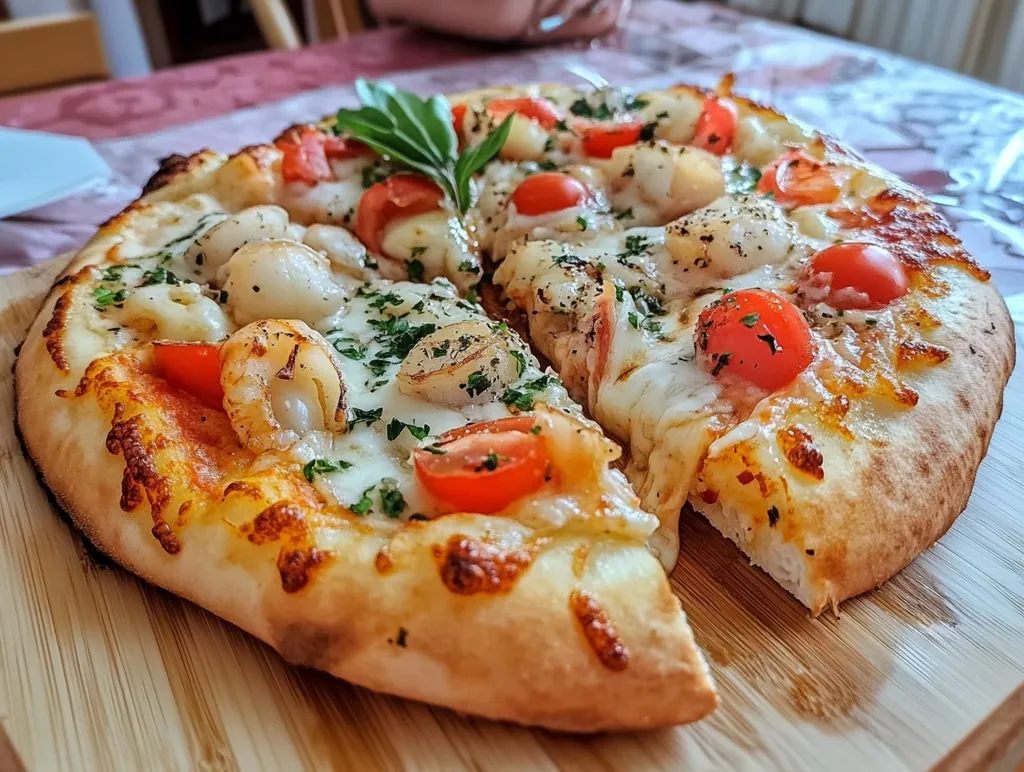 A delicious-looking seafood pizza sits on a wooden board.  The pizza boasts a golden-brown crust, generously topped with melted mozzarella cheese, succulent shrimp and scallops, and vibrant cherry tomatoes. Fresh parsley adds a touch of green. The pizza is cut into two slices, showcasing its cheesy interior. The overall presentation suggests a homemade, appetizing meal.