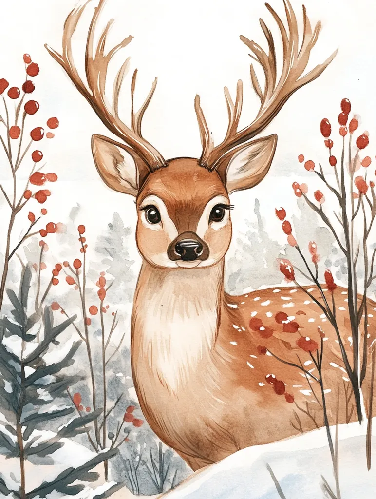 Here's a description of the image:

A watercolor painting showcases a deer in a winter setting.  The deer, depicted in warm browns and tans, possesses large, expressive eyes and impressive antlers. Its coat is subtly speckled, suggesting a fawn-like pattern.  The background features delicate watercolor washes of blue and white, implying snow, alongside stylized branches bearing small red berries.  The overall style is soft, whimsical, and evokes a feeling of gentle winter beauty.