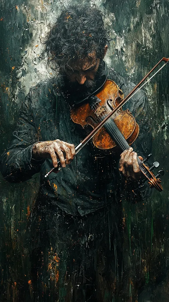 The painting depicts a man, deeply engrossed in playing a violin. His dark, curly hair falls around his face, partially obscuring his features as he focuses intently on the instrument.  He's dressed in dark, textured clothing that blends with the background's moody, impasto style.  The background itself is a swirling mix of dark greens and blacks, speckled with lighter accents, creating a sense of depth and mystery around the central figure. The overall effect is one of intense concentration and melancholic beauty.