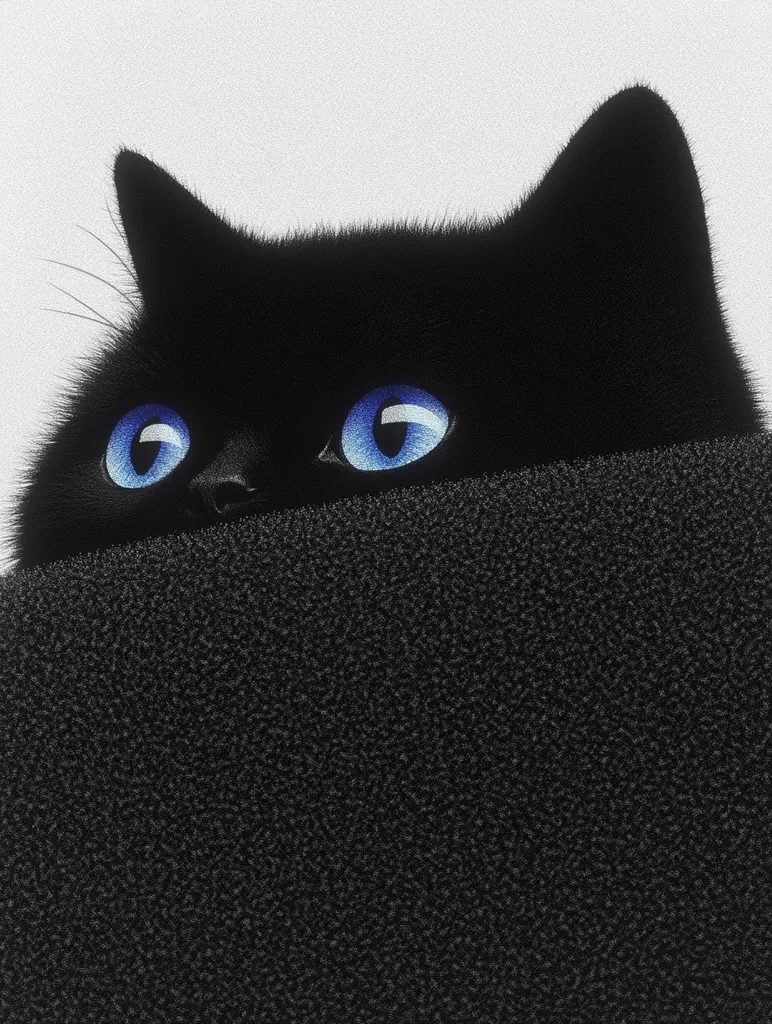 Here's a description of the image:

The image shows a close-up of a black cat peeking from behind a dark, textured surface.  Only the cat's head and ears are visible, with its large, bright blue eyes staring directly at the viewer. The cat's fur appears soft and fluffy, contrasting with the rough texture of the dark material it's hiding behind. The background is plain white, drawing focus to the cat's striking eyes and the dark, mysterious setting. The overall effect is playful and slightly mischievous.