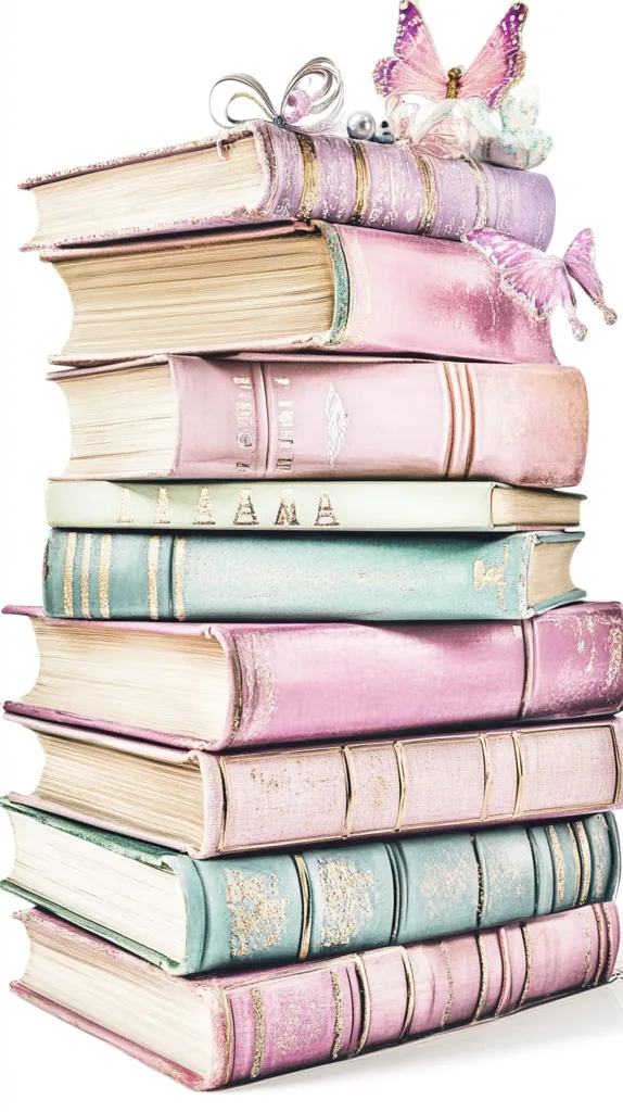 A stack of antique books in pastel pink and teal hues rests on a white background.  The books are adorned with gold detailing on their spines, and delicate, pastel-colored butterflies and decorative elements are arranged on top. The overall aesthetic is whimsical and feminine, suggesting a collection of cherished or precious volumes.  The image evokes feelings of nostalgia and romanticism.