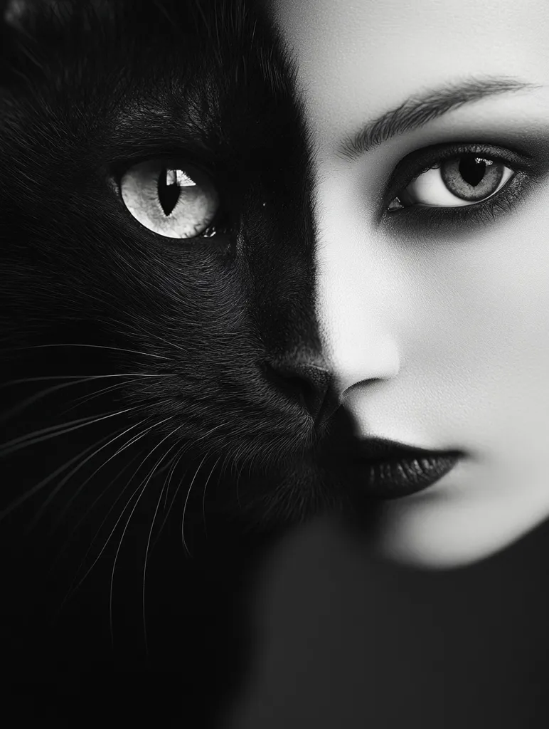 Here's a description of the image:

The monochrome image presents a striking juxtaposition of a woman's face and a black cat's head.  The two are seamlessly merged, creating a chimera effect where the cat's left side and the woman's right side form a single, unified portrait. The cat's dark fur contrasts sharply with the woman's pale skin and dark makeup, highlighting the intensity of their eyes.  The overall effect is artistic and surreal, exploring themes of duality and transformation. The dark background enhances the dramatic lighting and focus on the central figure.