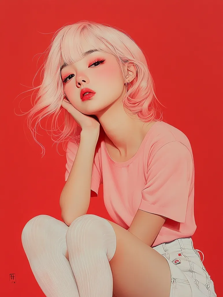 Against a vibrant red background, a stylized portrait of a young woman captivates. She is seated with one knee drawn up, her arm resting gracefully as her hand supports her cheek. Her pink hair, cut in a stylish bob with bangs, frames her face, accentuating her striking red makeup. She wears a simple pink t-shirt, paired with white denim shorts and white knee-high socks. The artistic rendering and color palette give the piece a playful and modern aesthetic.