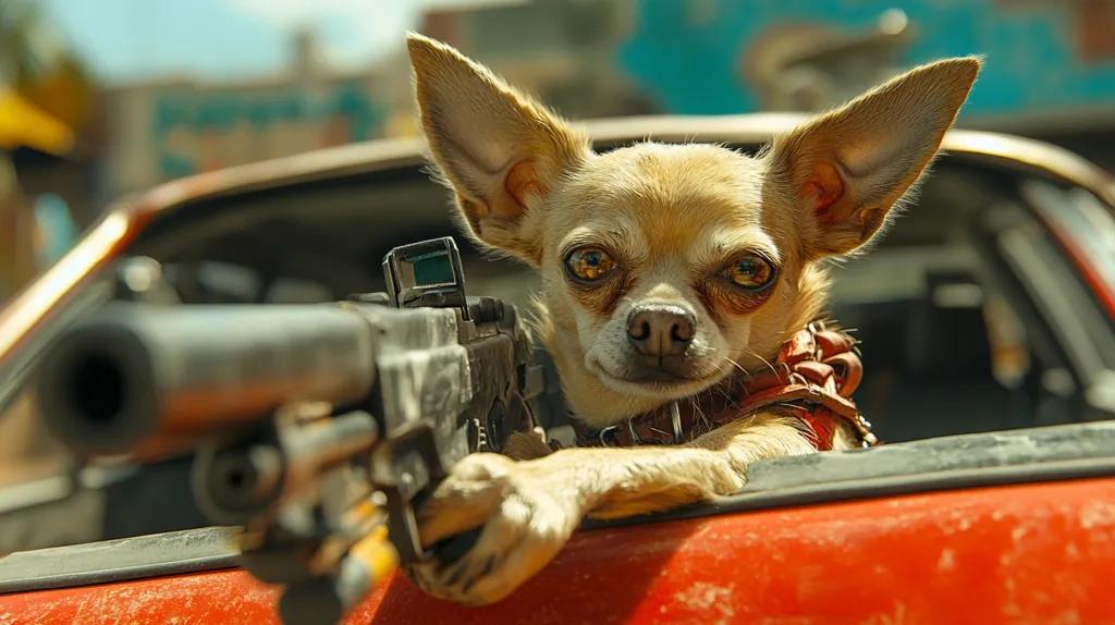 Here's a description of the image:

A tan chihuahua sits in the passenger seat of a rusty red car, its forepaws resting on the dashboard.  The dog's large ears are pointed alertly forward, and its gaze is intense.  A large, dark-colored assault rifle rests across its lap and partially obscures the lower portion of its body. The background is blurred, but suggests a sunny, possibly post-apocalyptic, outdoor setting.  The overall image is humorous yet slightly menacing, creating a playful juxtaposition of the cute dog and the powerful weapon.