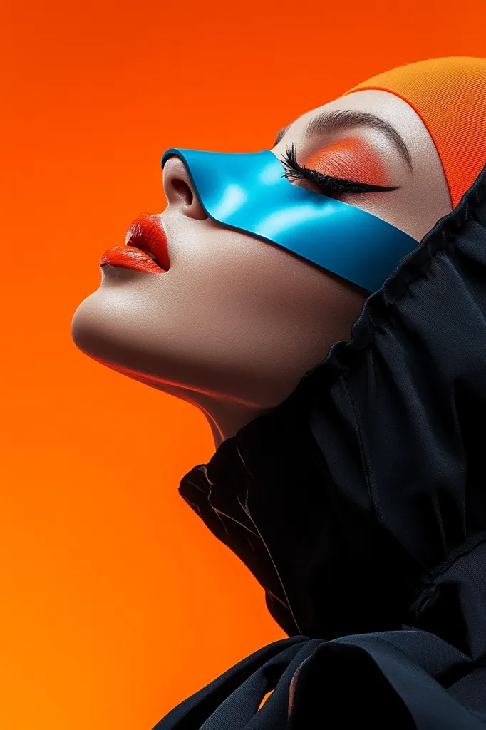 Close-up profile of a model against a vibrant orange backdrop. She wears a black hooded garment and a striking, futuristic, blue mask that partially obscures her face.  Her makeup is bold, featuring orange eyeshadow and bright red lipstick. The image is sharply contrasted, highlighting the model's features and the textures of her clothing and the mask. The overall aesthetic is modern and artistic.