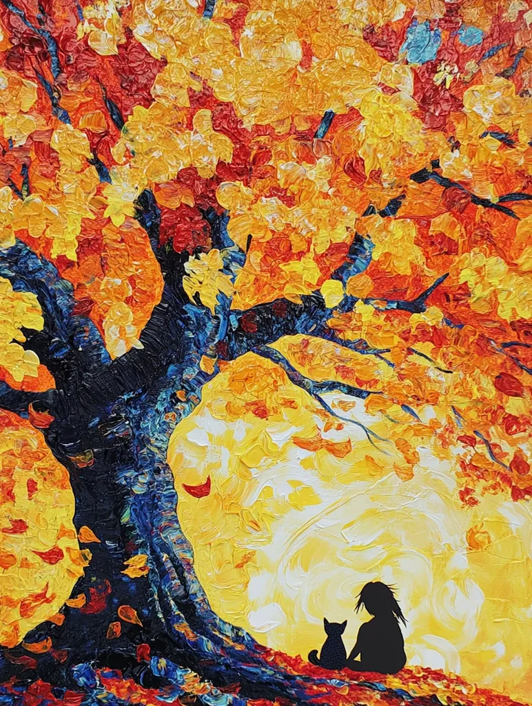 The painting depicts a vibrant autumnal scene centered around a large tree with a thick, dark trunk and branches laden with richly colored, textured leaves in shades of orange, yellow, and red. The impasto technique creates a three-dimensional effect. Underneath the tree, silhouetted against the bright background, a girl sits with a small cat, both seemingly contemplating the scene. The overall mood is serene and contemplative, suggestive of the peacefulness of autumn. The bright yellow background suggests a warm, possibly late afternoon sun.