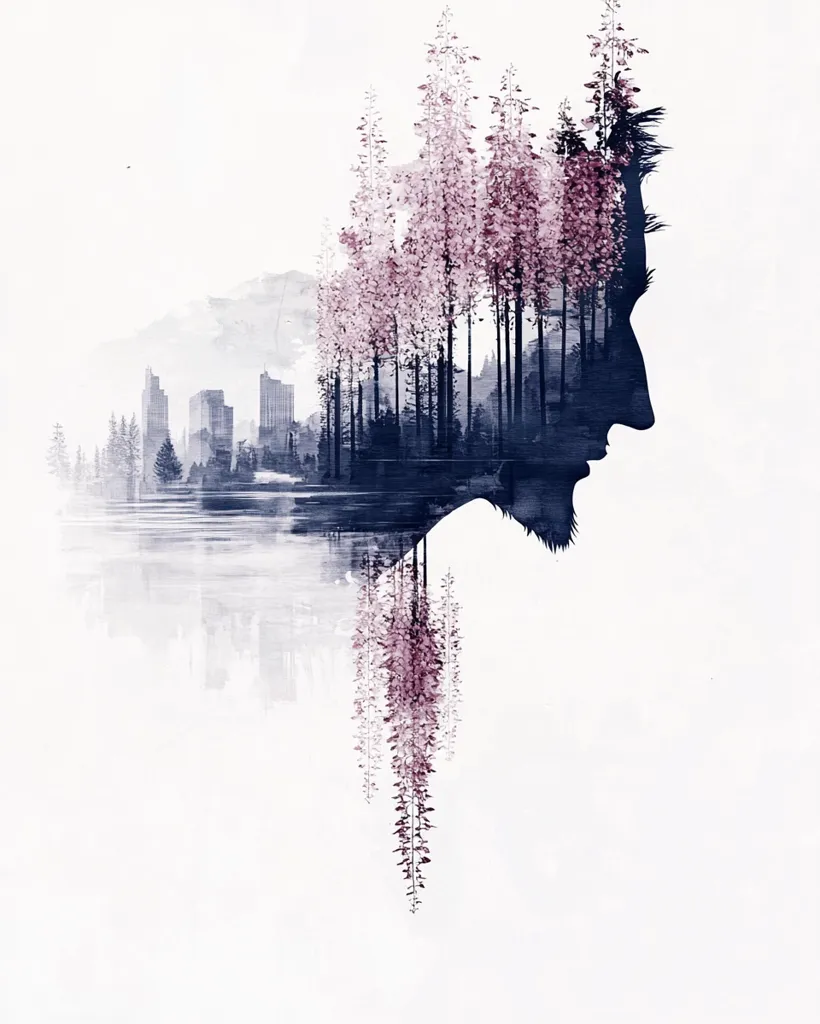 The image is a double exposure artwork.  A man's profile is superimposed onto a landscape featuring a city skyline reflected in calm water, framed by a forest of delicate, pink-hued trees. The style is painterly and evocative, using soft blues and muted pinks to create a serene yet slightly melancholic mood. The man's face blends seamlessly with the natural elements, suggesting a connection between humanity and the environment. The overall effect is artistic and introspective.
