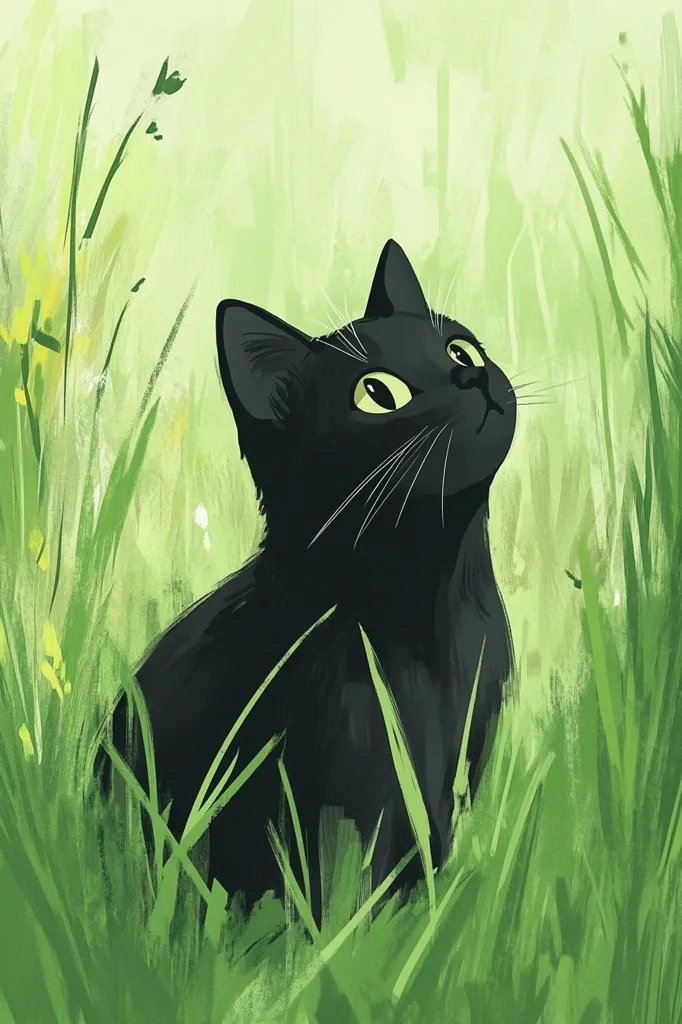 Here is a description of the image:

The illustration showcases a black kitten nestled within tall, vibrant green grass.  The kitten is positioned slightly off-center, its gaze directed upwards, giving it a curious and innocent expression. Its large, bright yellow-green eyes are prominent against its dark fur.  The style is painterly, with loose brushstrokes defining both the cat and the background foliage. The overall mood is serene and playful.  Patches of yellow wildflowers peek through the grass, adding a touch of color to the verdant scene.