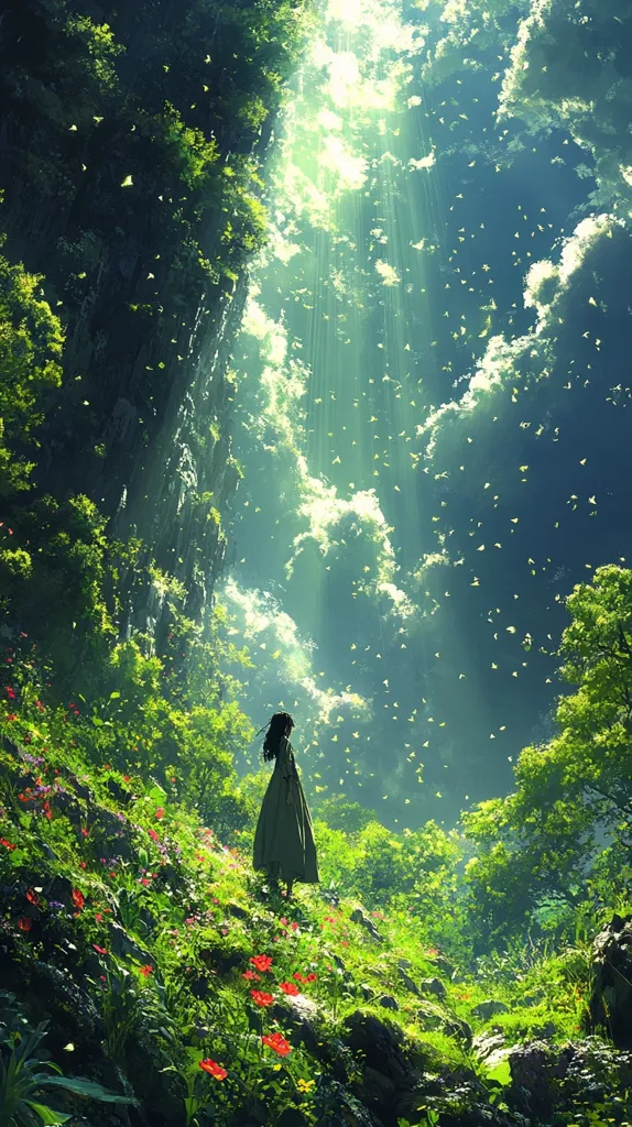 Here's a description of the image:

The digital painting showcases a serene, almost ethereal landscape. A lone female figure, clad in a long, dark grey robe, stands on a verdant hillside amidst a profusion of wildflowers.  Sunlight streams through a chasm in a lush, green cliff face, illuminating a sky filled with countless tiny, light-colored particles, possibly butterflies or fireflies. The scene evokes a feeling of peace and wonder, suggesting a magical or mystical setting.  The overall color palette is vibrant yet calming, with various shades of green dominating the foliage. The composition emphasizes the contrast between the solitary figure and the vast, awe-inspiring natural beauty surrounding her.