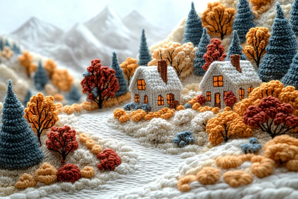A meticulously crafted textile artwork depicts a charming autumnal village nestled in a mountainous landscape.  Two cozy, light-colored houses with glowing windows are surrounded by intricately embroidered trees in vibrant shades of orange, red, and blue-green.  The textured fabric creates a three-dimensional effect, giving the scene depth and realism.  The snowy mountain peaks in the background complete the idyllic, wintery scene.  The entire piece is a testament to exceptional textile artistry and attention to detail.