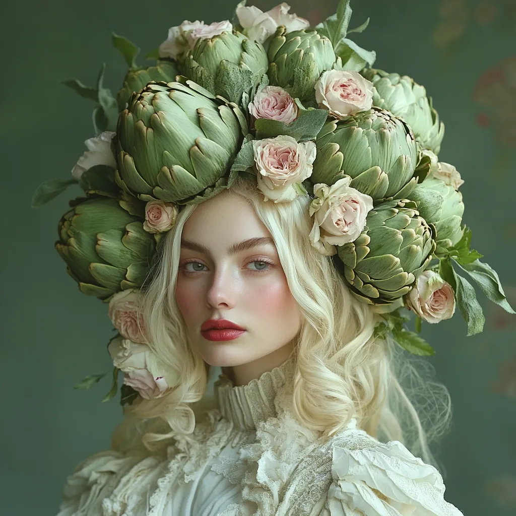 A young woman with long, blonde, wavy hair is the focus of this portrait. She wears a stunning crown crafted from artichoke hearts and delicate pink roses. Her makeup is soft and subtly enhances her features.  She’s dressed in a lacy, off-white, antique-style gown, creating a whimsical, ethereal look against a muted green backdrop. The overall aesthetic is romantic and slightly surreal.