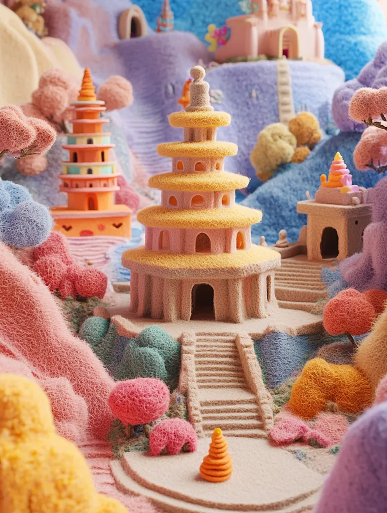 A whimsical, miniature landscape features pastel-colored, textured hills and trees.  A central, tiered pagoda in yellow and pink stands prominently, with smaller temples and pagodas scattered throughout.  The scene is crafted with a soft, almost yarn-like texture, giving it a dreamlike, fluffy quality.  The overall palette is soft and inviting, evoking a sense of playful fantasy.  Small, spiraled structures add detail, enhancing the whimsical atmosphere.