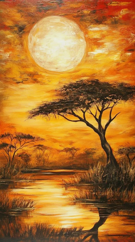 Here's a description of the image:

The painting depicts a serene African savanna sunset.  Warm oranges and reds dominate the sky, where a large, luminous moon or sun hangs low. A prominent acacia tree stands silhouetted against the fiery backdrop, its reflection mirrored in a calm, golden-hued river or lake. Smaller acacia trees dot the landscape, leading to a tranquil, swampy area filled with tall grasses.  The overall style is impressionistic, with visible brushstrokes contributing to the painting's textured and atmospheric feel.  The color palette emphasizes the warmth and vibrancy of the African sunset.