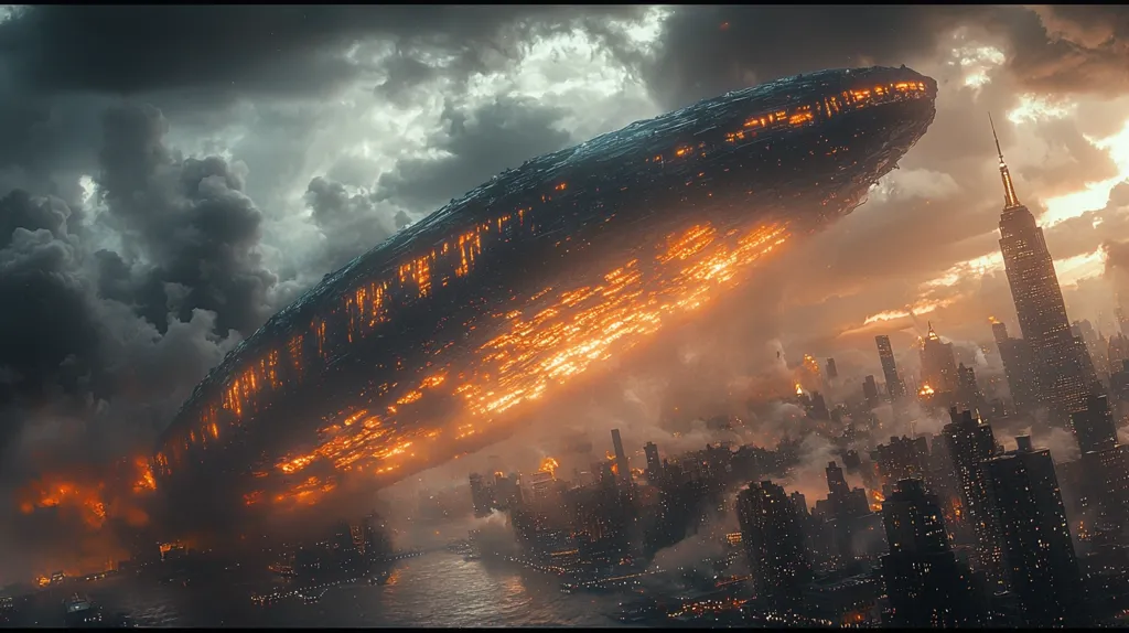 A colossal, fiery alien spacecraft hovers menacingly over a futuristic cityscape, possibly New York, as evidenced by the Empire State Building.  The ship's underside glows with intense orange and yellow flames, casting an ominous light on the city below.  Dark, brooding clouds fill the sky, adding to the apocalyptic atmosphere.  The scene suggests an invasion or imminent destruction. The contrast between the immense ship and the relatively small city emphasizes the scale of the threat.