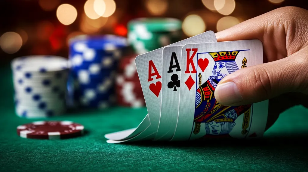 A hand holds three playing cards: the ace of hearts, ace of clubs, and king of diamonds, suggesting a strong poker hand.  The cards are partially fanned, revealing only the face values.  Stacks of poker chips in various colors are blurred in the background, creating a bokeh effect.  The green felt surface suggests a casino or poker table setting. The overall image evokes the atmosphere of a poker game.