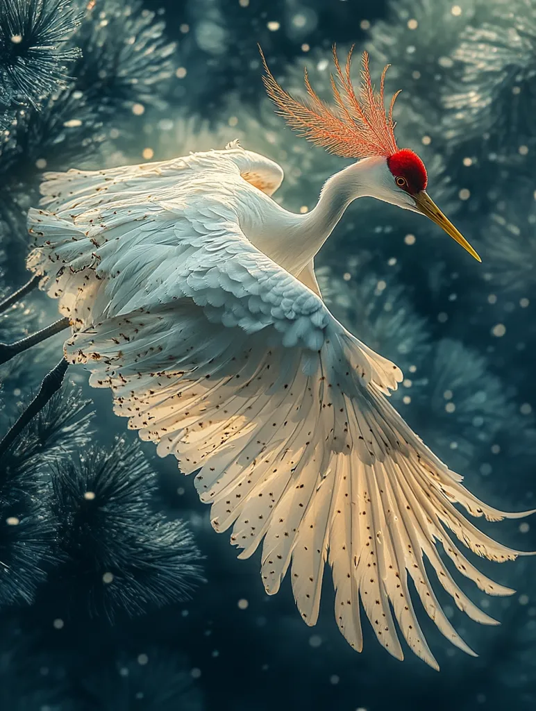 A stunning image depicts a red-crowned crane in flight.  Its predominantly white plumage is speckled with dark brown, and its wings are fully extended, showcasing intricate detail.  A vibrant, fiery orange crest adorns its head, contrasting beautifully with the deep teal-blue background.  The background suggests a snowy or misty forest, creating a magical and ethereal atmosphere. The crane's elegant pose and the soft lighting enhance its majestic beauty.