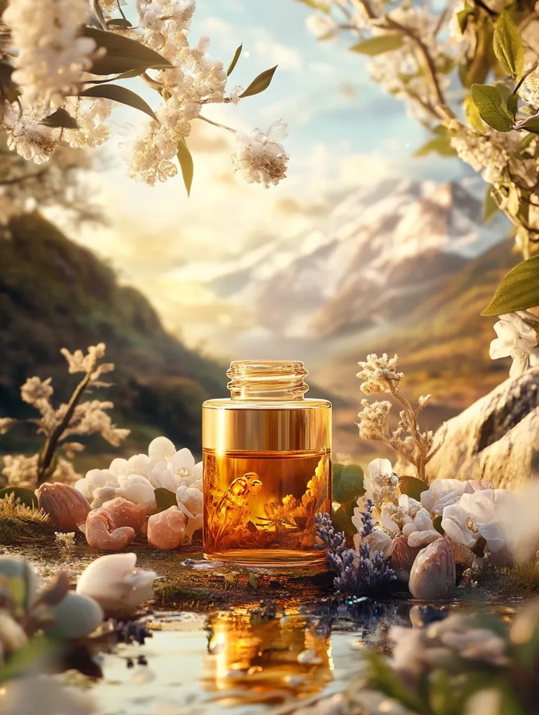 Here's a description of the image:

A golden-amber perfume bottle, with a clear glass top and a gold band around the middle, sits on a mossy rock. Surrounding it are delicate white flowers, lavender sprigs, and small, pale stones, creating a serene, natural scene. The background features a soft, out-of-focus landscape of mountains bathed in warm, golden light, with blossoming branches extending from the foreground into the scene. The overall aesthetic is one of luxurious simplicity, emphasizing the perfume's natural and elegant quality.  The reflected light on the water in the foreground adds to the magical ambiance.