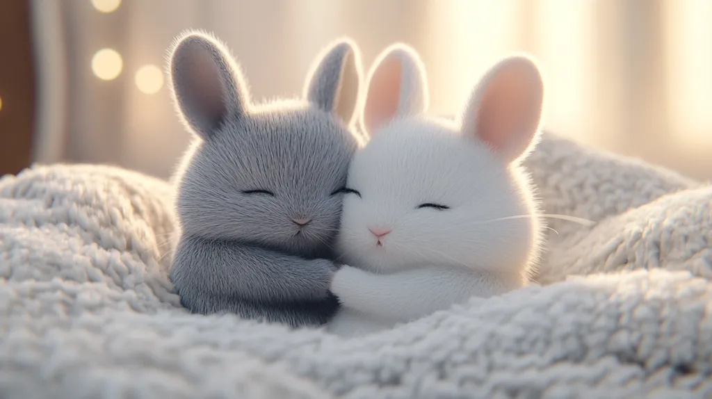 Here's a description of the image:

Two adorable, stylized bunny rabbits cuddle together on a soft, fluffy white blanket.  One bunny is grey, the other white, both with their eyes closed in a peaceful slumber. The blanket's texture is prominent, and soft light streams from a window in the background, creating a warm and comforting atmosphere. The overall style is cute and digitally rendered, suggesting a digitally created image rather than a photograph. The bunnies' postures convey a sense of affection and tranquility.