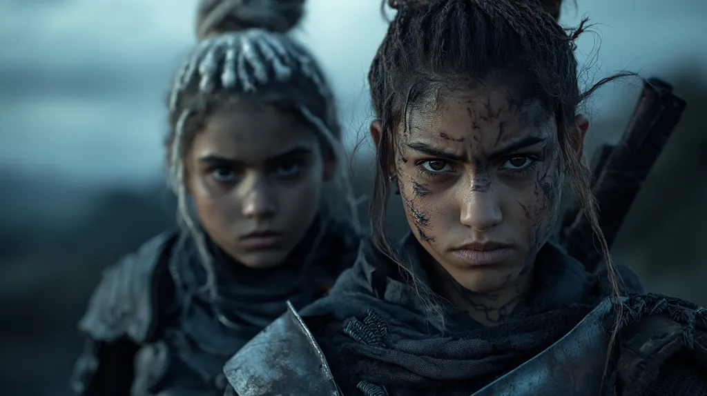 A close-up shot reveals two young female warriors, their faces etched with grime and battle scars. The woman in the foreground, her gaze intense and defiant, dominates the frame.  Her dark hair is pulled back, revealing a fierce expression. Behind her, a younger girl with light hair in braids, also appears hardened and determined.  Both are clad in dark, rugged attire, suggesting a post-apocalyptic or fantasy setting.  A sword or weapon is partially visible behind the main subject, adding to the overall sense of danger and conflict.