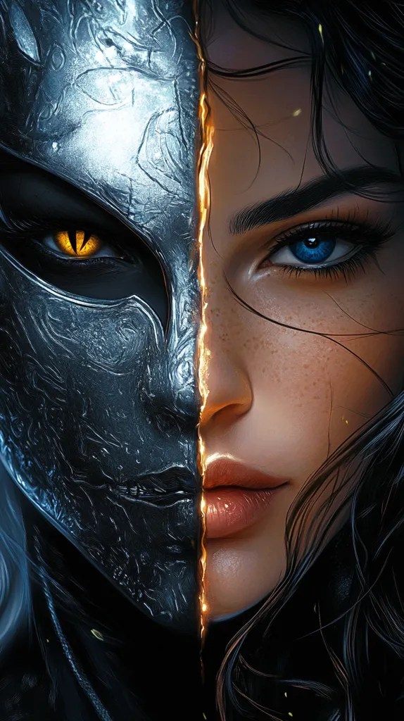 Here's a description of the image:

The image is a digital painting or rendering showcasing a striking juxtaposition.  A woman's face is depicted, one half smoothly rendered with realistic details—glowing skin, dark hair, and a captivating blue eye. The other half is masked by a textured, metallic, dark grey faceplate with glowing, predatory yellow eyes.  A fiery, golden line acts as a stark dividing line between the two contrasting halves, suggesting a duality or transformation. The overall style is dark fantasy or sci-fi, hinting at a hidden or powerful nature beneath a beautiful exterior.
