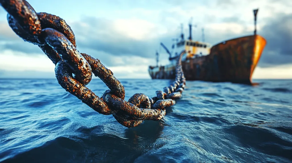 Here's a description of the image:

The image is a close-up shot of a thick, rusty chain partially submerged in dark blue ocean water. The chain stretches towards the background, where a large, rusty cargo ship is visible, slightly out of focus.  The ship appears weathered and aged, contributing to the overall sense of age and possibly abandonment.  The ocean is slightly choppy, with small waves visible around the chain. The sky is a mix of light blue and gray clouds, adding depth to the scene. The overall mood is somber and evocative.
