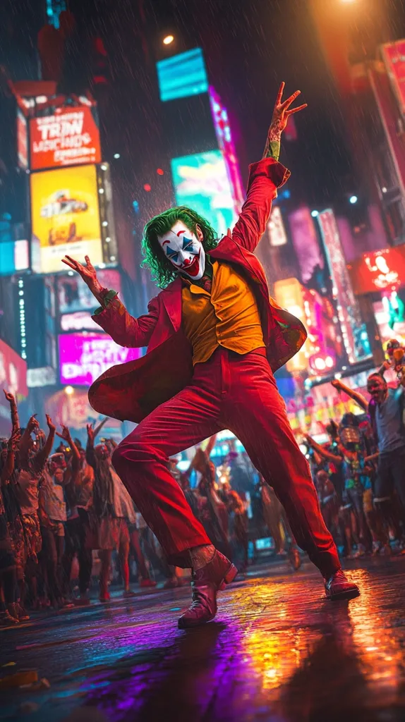 Here's a description of the image:

The image depicts the Joker, from the movie "Joker", in a dynamic pose, seemingly dancing in Times Square under a rain shower. He's dressed in his iconic red suit and green hair, his painted smile visible. Bright, colorful neon signs of Times Square illuminate the wet, reflective streets.  A crowd of onlookers surrounds him, their silhouettes partially visible. The overall atmosphere is vibrant, chaotic, and energetic, capturing the character's essence and his location. The rain adds a gritty, atmospheric element to the scene.