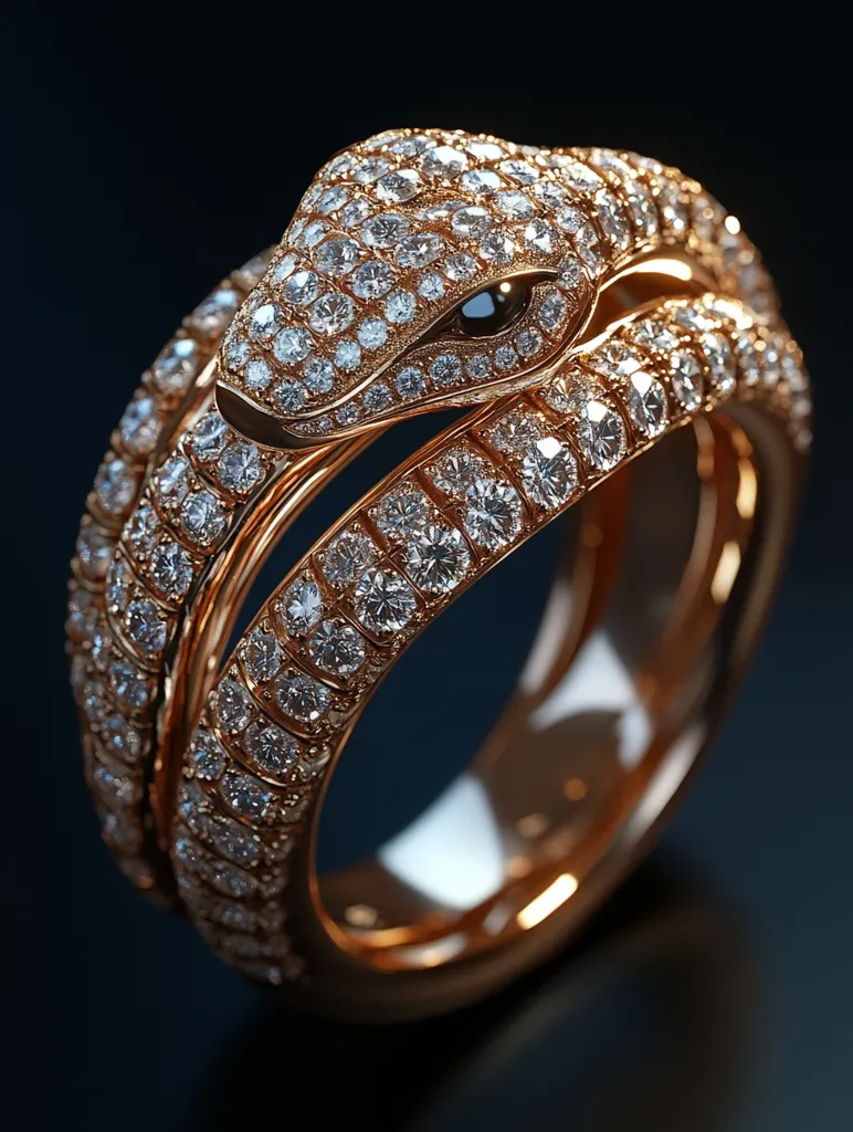 Here's a description of the image:

Close-up view of an ornate rose gold ring designed in the shape of two intertwined snakes.  The snakes are completely encrusted with brilliant-cut diamonds, creating a dazzling effect. The diamonds are closely set, showcasing their sparkle against the polished rose gold. The ring's design is intricate, with the snake's head clearly visible and detailed.  The background is a deep, dark blue, which provides a striking contrast to the ring's metallic sheen and the diamonds' brilliance. The overall impression is one of luxury and opulence.