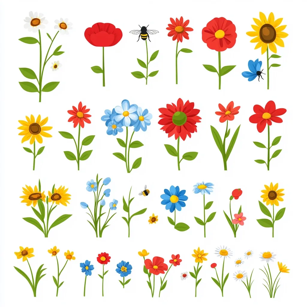 This image showcases a vibrant collection of cartoon flowers and insects on a white background.  A variety of blooms are depicted, including sunflowers, daisies, poppies, and smaller wildflowers in red, yellow, blue, and white.  The flowers are presented individually and in small clusters, with some showing multiple blossoms on a single stem.  A bee and a butterfly add to the lively springtime scene. The illustrations are simple yet colorful and cheerful.