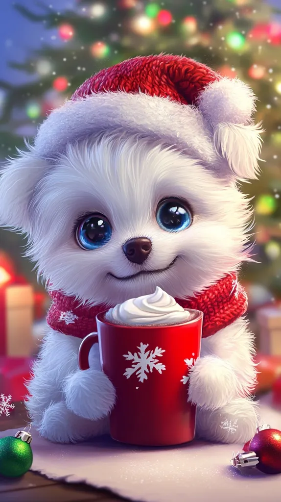 A fluffy white puppy, wearing a Santa hat and red scarf, sits contentedly holding a large red mug of hot chocolate topped with whipped cream.  The mug is decorated with snowflakes.  Christmas lights and ornaments are softly blurred in the background, creating a festive, cozy winter scene. The puppy's large, expressive eyes add to its adorable charm.  The image is digitally rendered with a soft, whimsical style.