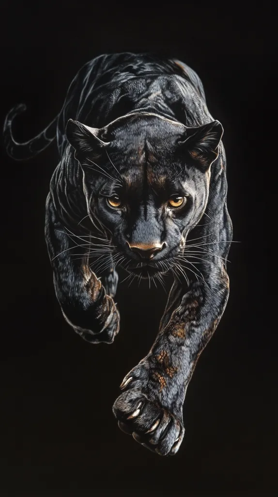 The image is a striking close-up of a black panther, depicted in a style that appears to be a painting or highly realistic digital art. The panther is captured mid-stride, its powerful legs extended, and its gaze directed intensely at the viewer. The dark background provides a dramatic contrast to the animal's sleek black fur, with subtle hints of darker shading and texture suggesting muscle and movement. The focus is sharply on the panther's face, eyes gleaming with a fierce intensity. The overall impression is one of raw power and predatory grace.