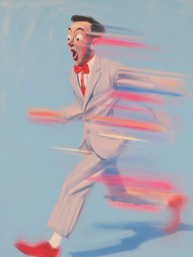This painting depicts a stylized figure, reminiscent of children's television host Pee-wee Herman, in a light grey suit and red shoes, running at an incredible speed.  The motion is emphasized by vibrant pink and orange streaks blurring the figure's limbs and surroundings against a pale blue background. His expression is one of wide-eyed surprise or shock, adding to the dynamic energy of the piece. The overall style is painterly and expressive, with loose brushstrokes capturing the sense of rapid movement.