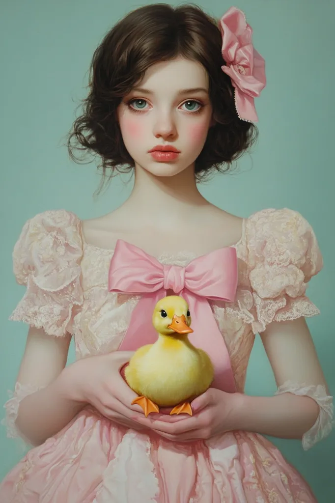 Here's a description of the image:

The painting depicts a young girl with shoulder-length brown curls, adorned with a pink flower in her hair. She is wearing a delicate, pale pink dress with lace detailing and puffy sleeves.  A large pink bow is tied at her waist. The girl gently cradles a fluffy yellow duckling in her hands.  The background is a muted teal, creating a soft and dreamy aesthetic. The overall style is hyperrealistic, with attention to detail in the girl's features, clothing, and the duckling's texture. The image evokes a sense of innocence and gentle charm.