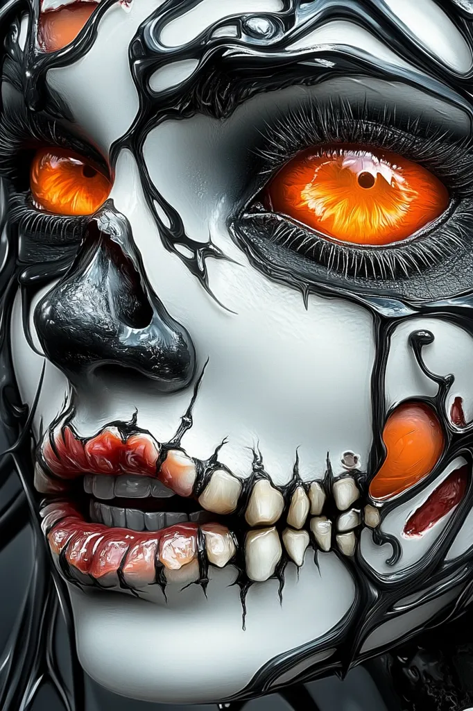 A close-up of a stylized female face, digitally rendered.  The face is predominantly white, with black, viscous-looking tendrils flowing across it, creating a skeletal effect.  Her eyes are a striking, fiery orange, contrasting sharply with the dark elements.  The mouth is slightly open, revealing teeth and red, decaying lips. The overall style is dark, gothic, and fantastical, possibly inspired by Day of the Dead aesthetics or horror themes.  The image is highly detailed and showcases skilled digital painting or 3D modeling.
