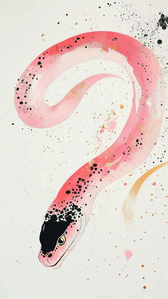 This artwork depicts a stylized pink snake, rendered in a watercolor-like style.  The snake's body is a soft, pale pink with darker, almost coral accents and scattered black dots, suggesting scales.  Its head is more defined, showcasing a black marking around the eye.  The background is a light off-white, speckled with black and gold splatter paint, adding a sense of movement and energy to the piece. The overall impression is one of delicate beauty and subtle contrast.