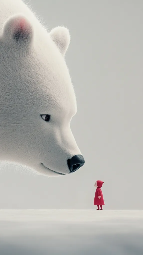 A large, fluffy polar bear dominates the foreground, its massive head and shoulders filling most of the frame. Its gaze is directed downward towards a tiny figure in a red hooded cloak standing in the snowy expanse below. The scene is minimalist, with a neutral background enhancing the contrast in size and drawing attention to the quiet interaction between the giant bear and the diminutive human.  The overall mood is one of gentle curiosity or contemplation.