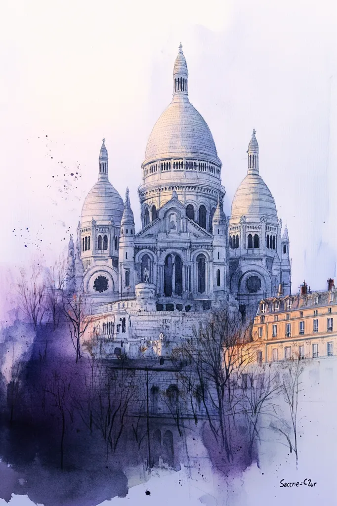 This watercolor painting depicts the Sacré-Cœur Basilica in Montmartre, Paris.  The basilica's white domes and intricate architecture are rendered in soft, muted tones, suggesting a hazy or early morning light.  Bare, winter trees in purplish hues frame the building, which sits atop a hill, with a section of a tan building visible to the right. The overall effect is serene and atmospheric, emphasizing the Basilica's majestic presence against the Parisian backdrop. The artist's signature, "Sacré-Cœur," is subtly placed at the bottom.
