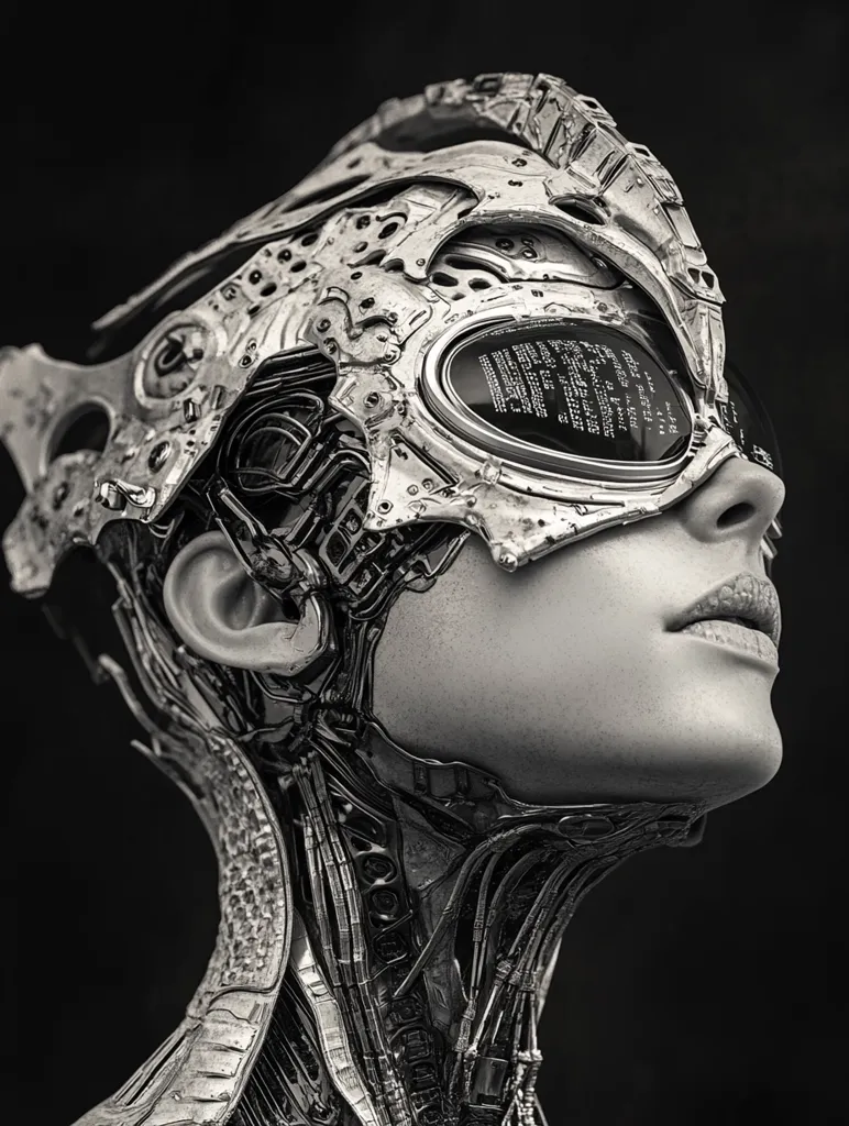 Here's a description of the image:

The image is a monochrome, close-up rendering of a female cyborg's head and neck. Her face is partially obscured by a complex, metallic headpiece intricately designed with exposed wiring and mechanical components. The headpiece resembles a helmet or mask, incorporating goggles with a screen displaying lines of code. The cyborg's skin is smooth, contrasting with the rough texture of the metal. Her expression is serene, her gaze directed upward. The overall aesthetic is futuristic and somewhat dystopian, emphasizing a blend of organic and mechanical elements.  The dark background enhances the focus on the cyborg's detailed features.