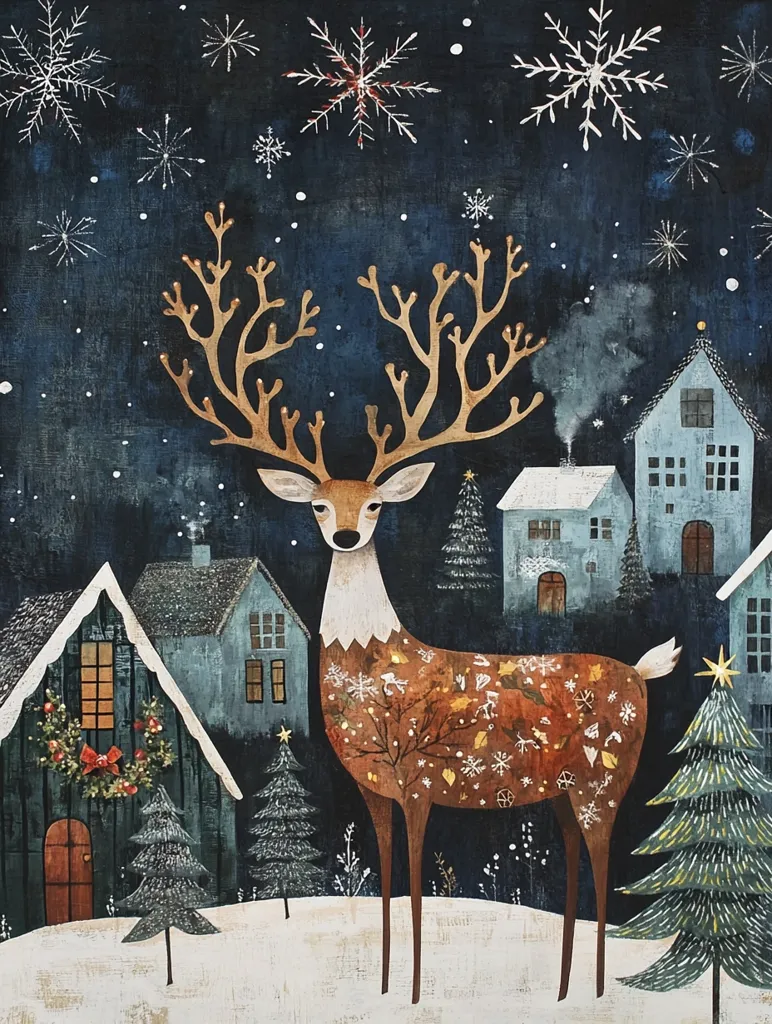 Here's a description of the image:

A stylized illustration depicts a majestic deer adorned with snowflake and leaf patterns, standing prominently in a snowy winter village scene.  The deer's large antlers branch elegantly against a dark blue night sky sprinkled with snowflakes.  Small, charming houses with glowing windows line the snow-covered ground, adding to the cozy, festive atmosphere.  Evergreen trees dot the landscape, creating a picturesque Christmas setting. The overall style is whimsical and charming, with muted colors and a textured effect.