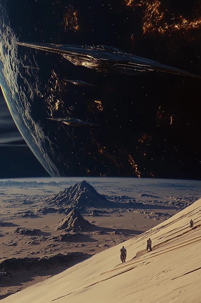 A panoramic view of an alien desert landscape unfolds beneath a massive, dark planet.  Several large, futuristic spaceships hover in the star-filled sky above.  Small figures, possibly astronauts, traverse the sandy dunes in the foreground, their scale emphasizing the vastness of the scene. The planet dominates the background, its curvature visible, and the overall mood is one of awe-inspiring desolation and cosmic exploration.