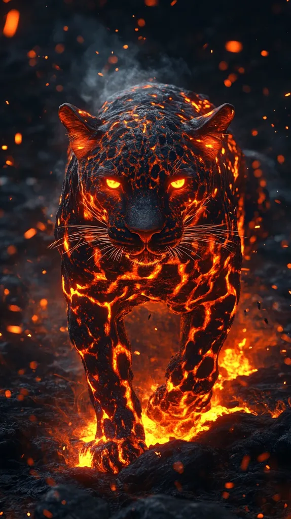 Here's a description of the image:

The image depicts a powerful, fiery jaguar-like creature walking towards the viewer. Its body is composed of glowing, molten lava, with streaks of orange and black, creating a striking contrast.  The creature's eyes burn with an intense orange light, enhancing its fierce demeanor.  Surrounding it is a field of dark volcanic rock and glowing embers, adding to the overall feeling of intense heat and power. The scene is dark, enhancing the fiery glow of the creature.