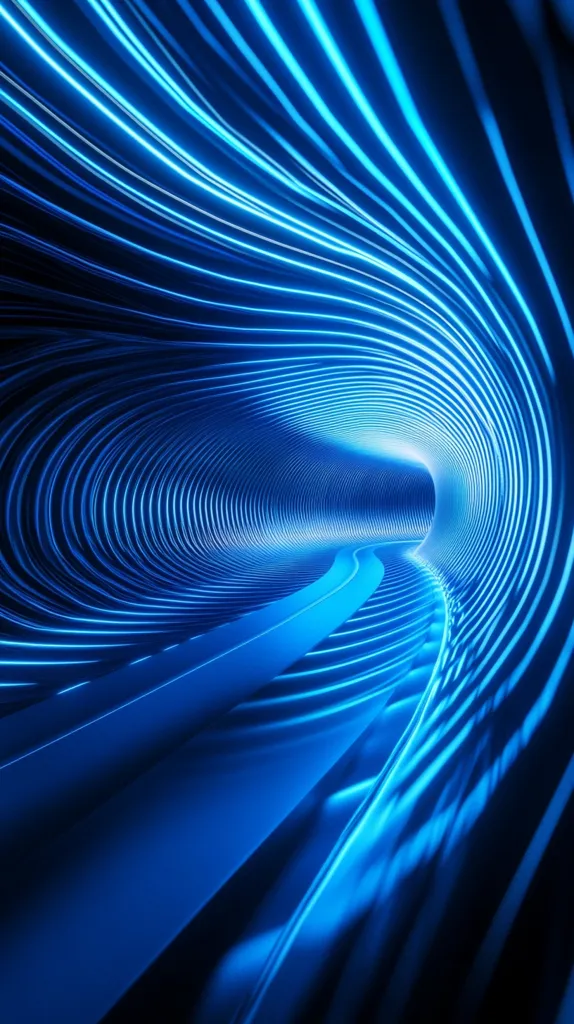 The image shows a mesmerizing abstract tunnel rendered in vibrant shades of blue.  Parallel lines of bright neon blue light curve and twist, creating a sense of depth and movement.  The metallic surface reflects the light, enhancing the futuristic and dynamic feel. The perspective leads the eye deep into the swirling tunnel, suggesting an infinite journey or a passage through digital space.  The overall effect is sleek, modern, and visually striking.