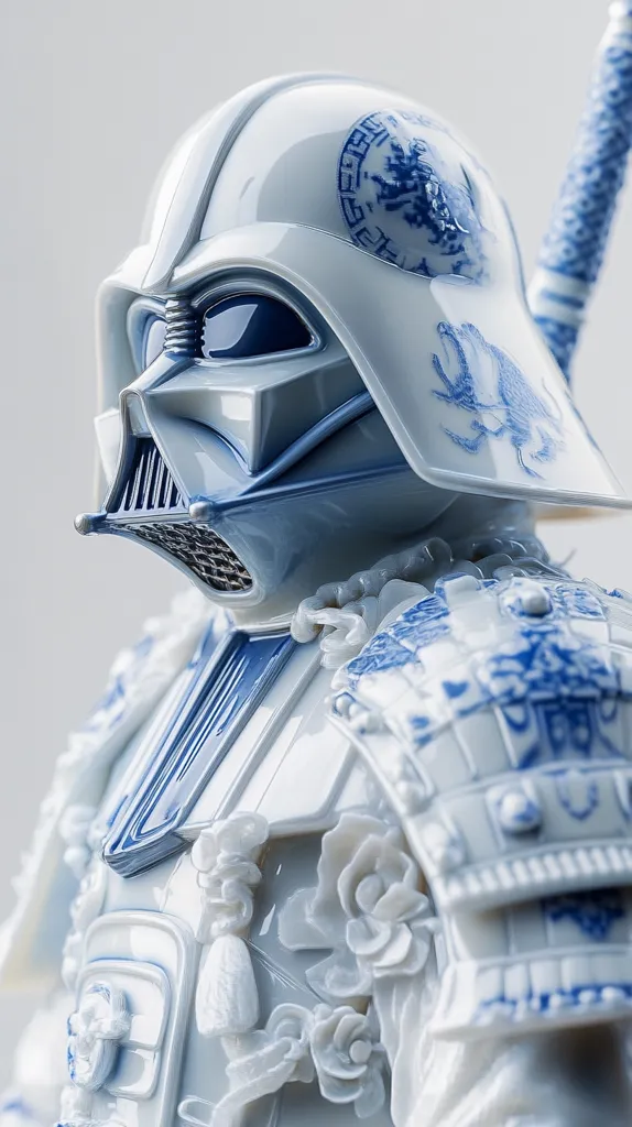 Here's a description of the image:

The image showcases a meticulously crafted porcelain statue of Darth Vader, reimagined as a samurai.  The helmet and armor are predominantly white, adorned with intricate blue and white detailing reminiscent of traditional Chinese porcelain patterns. Floral motifs and samurai-style armor plating are seamlessly integrated into the Star Wars character's iconic design. The overall effect is a striking fusion of Eastern and Western aesthetics, resulting in a unique and elegant piece.  A portion of a katana is visible behind the figure.